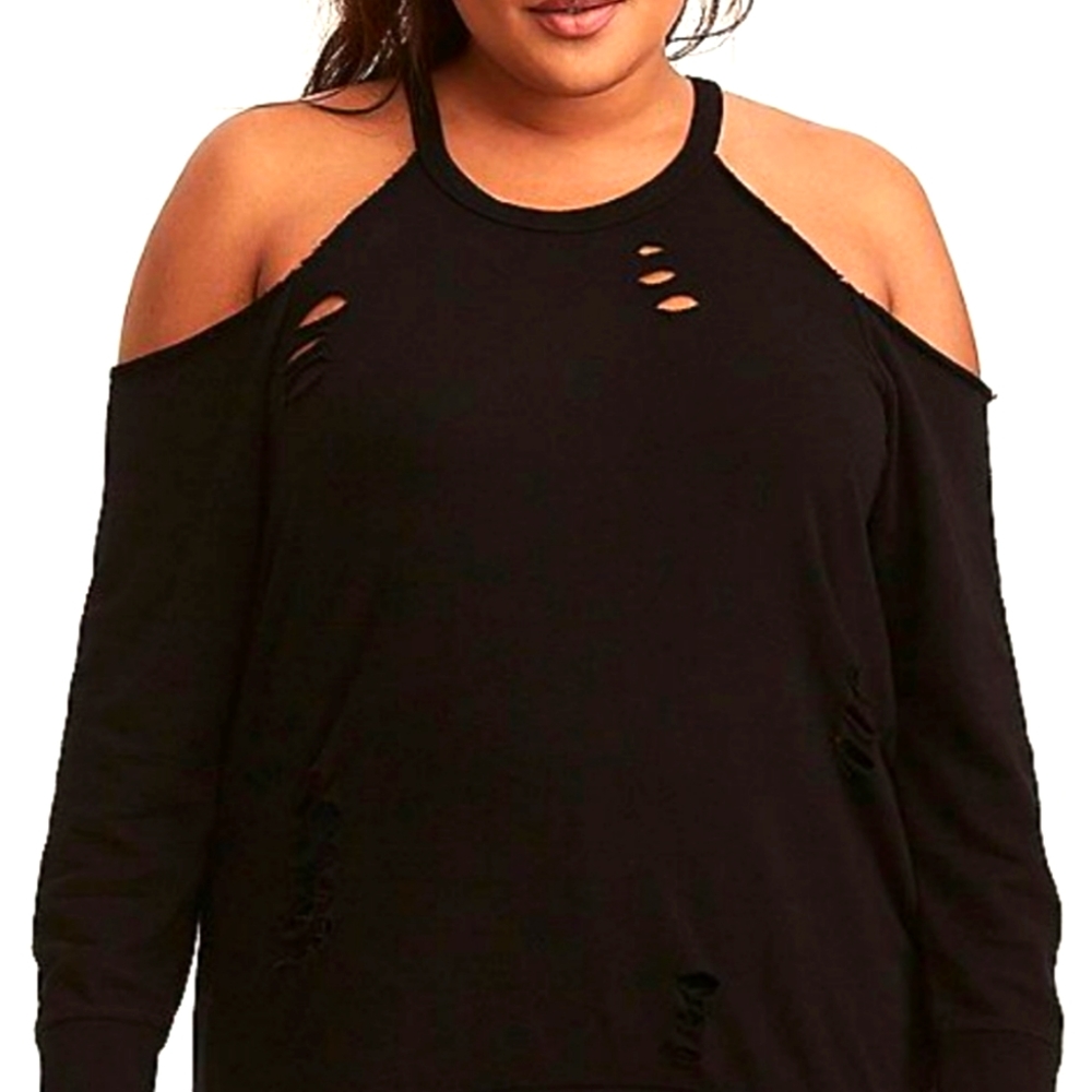 Torrid destructed cold shoulder sweater